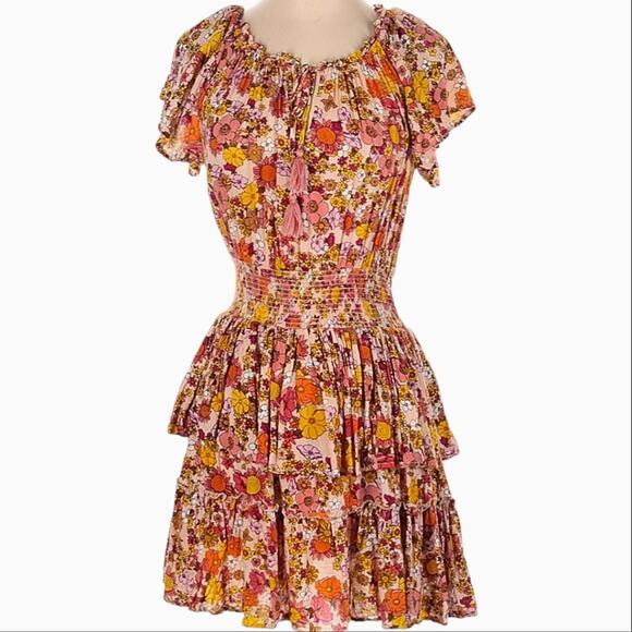 Retro Floral Boho Peasant Prairie Cottagecore Tiered Ruffle Smocked Dress XS - Picture 1 of 10